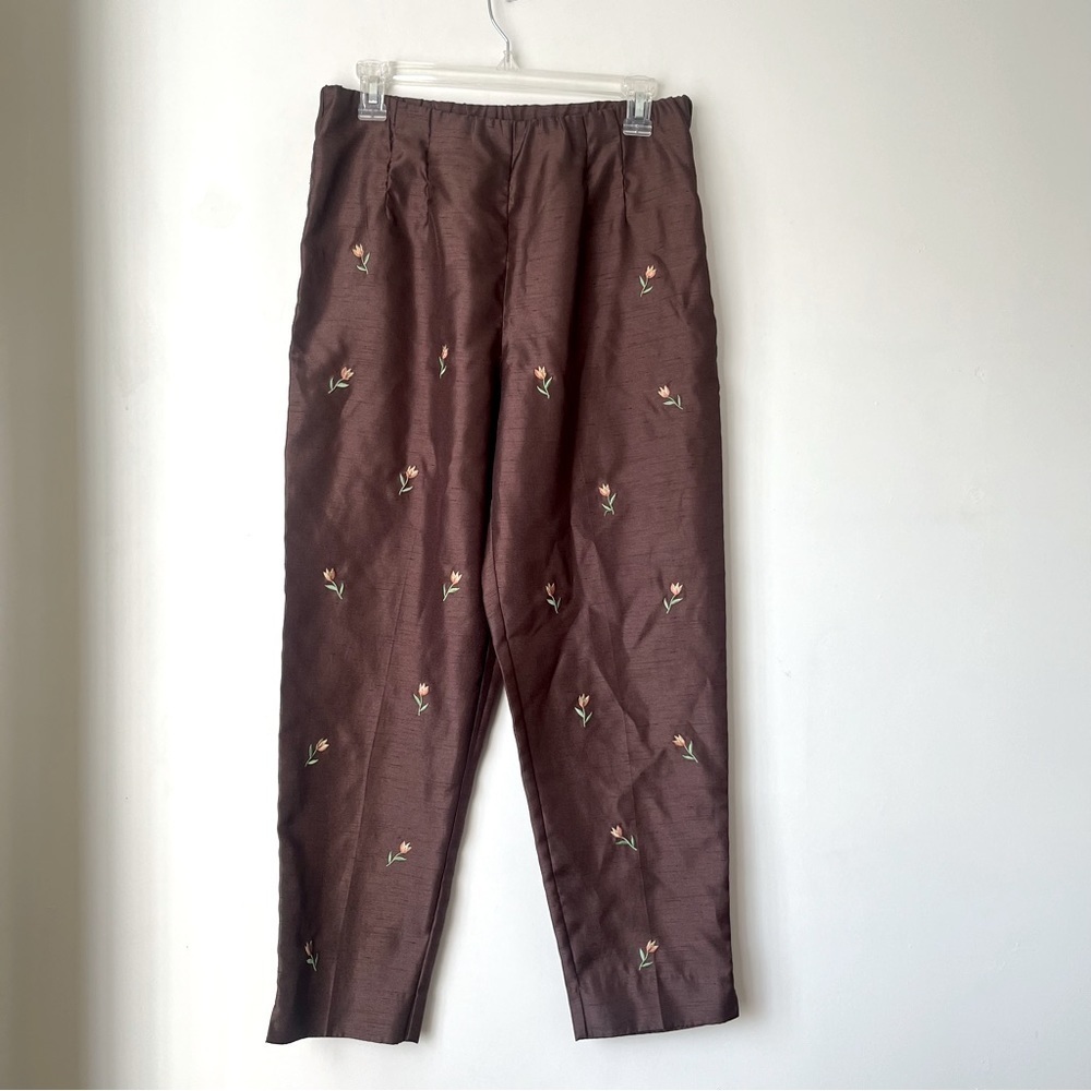Vintage 90s Sag Harbor Dress Petite Brown Floral Embroidered Pants 10P